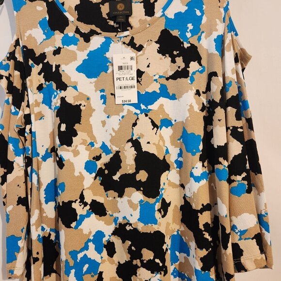 JM Collection Tee PL Aqua Beige Black Scoop Neck Cold Shoulder Top - Picture 2 of 9